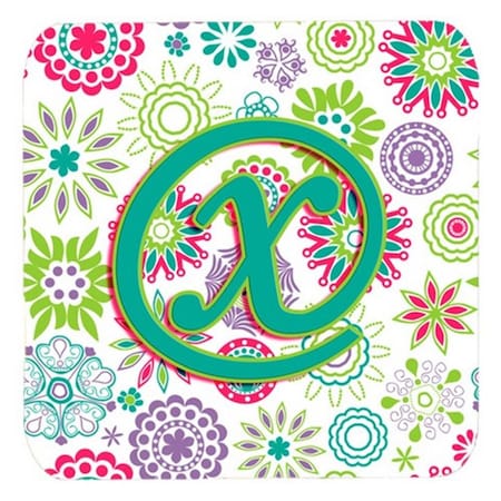 Letter X Flowers Pink Teal Green Initial Foam Coasters- Set Of 4